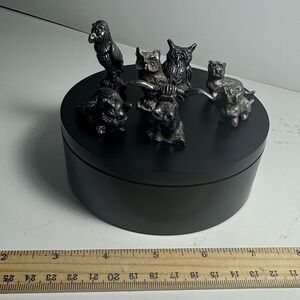 Seven small vintage pewter animals cow cat owl dog
